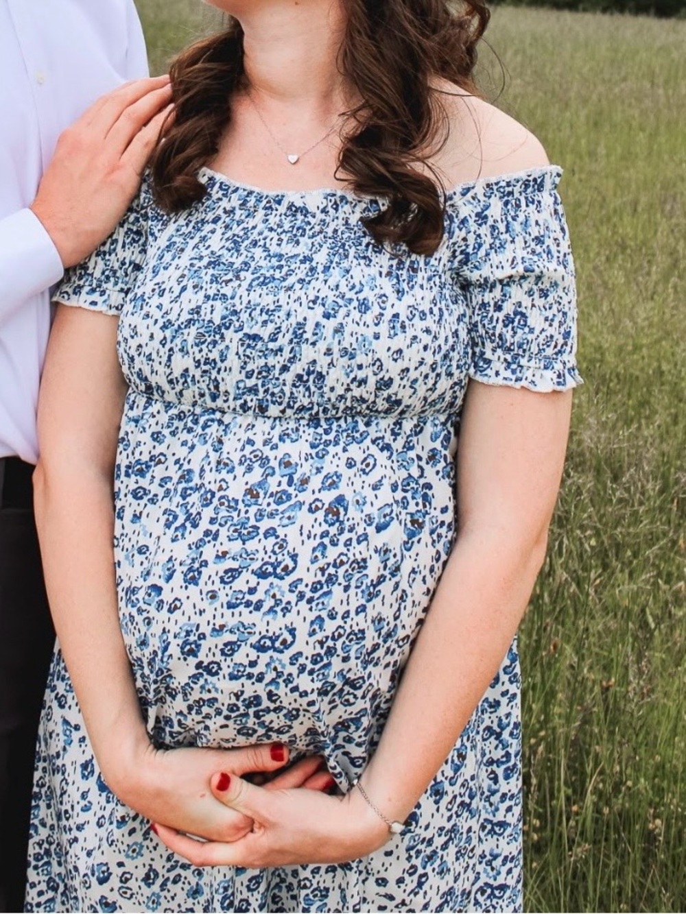 Blue and White Off-Shoulder Floral Maternity Dress